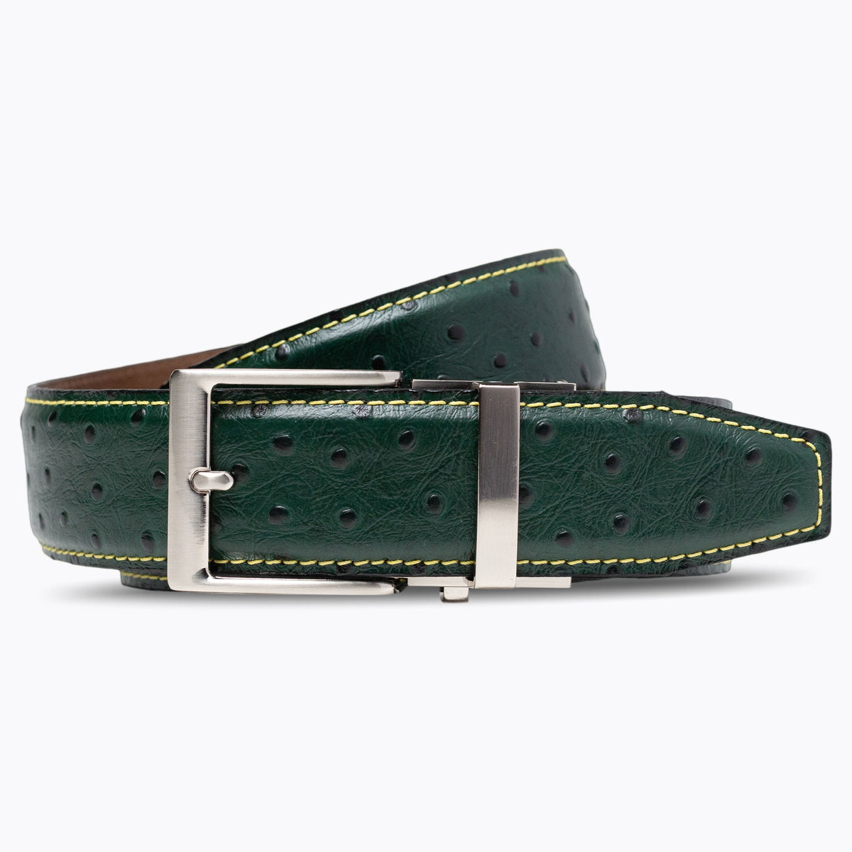 Ostrich Emerald Green w/ Yellow Thread Ratchet Belt 1.575" [40mm]
